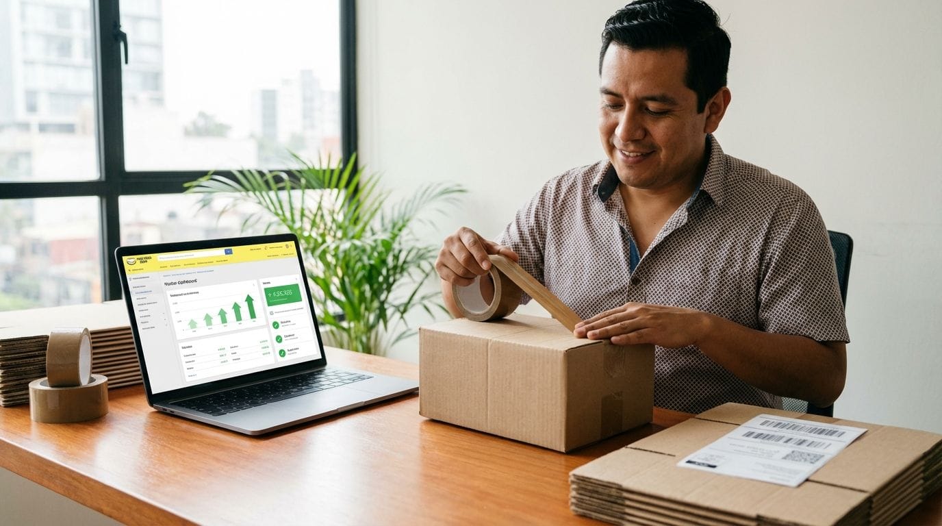 Vendedor de Mercado Libre empacando pedidos